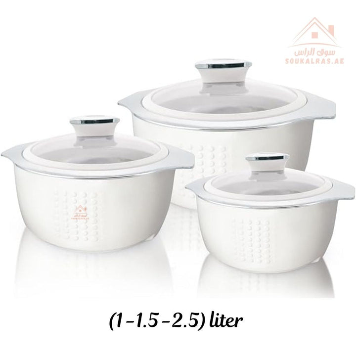 Jaypee Prime Time 3 - Piece Insulated Casserole Set | Premium Stainless Steel Inner | Glass Lid | Elegant White Finish|Made in India - Souk Al Ras