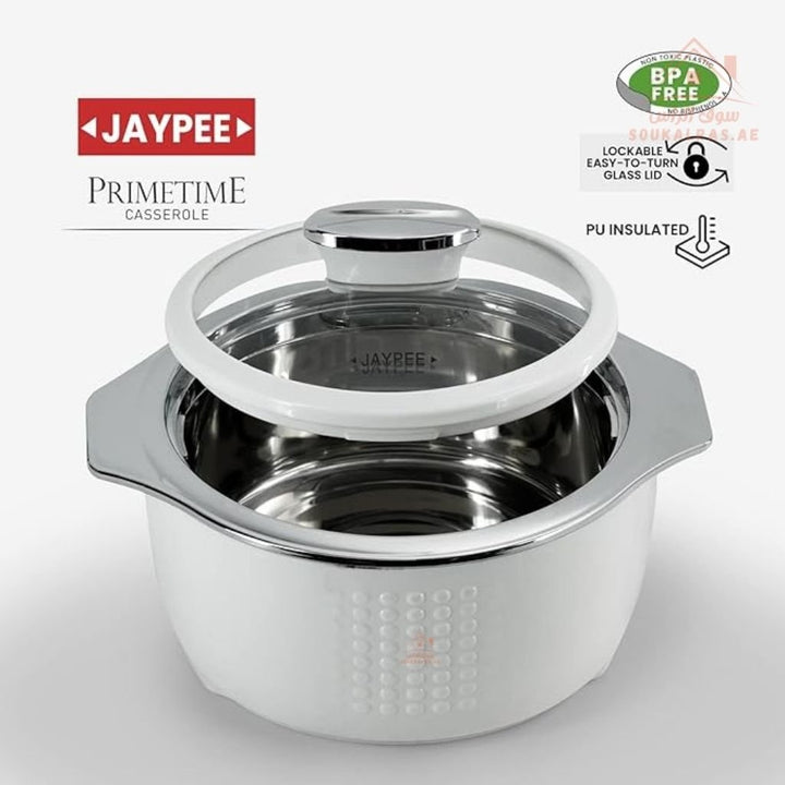 Jaypee Prime Time 3 - Piece Insulated Casserole Set | Premium Stainless Steel Inner | Glass Lid | Elegant White Finish|Made in India - Souk Al Ras