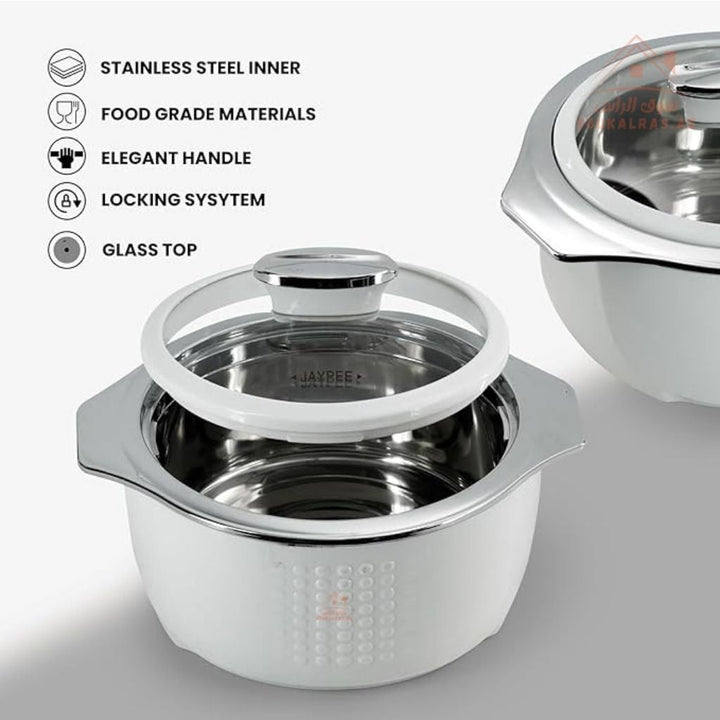 Jaypee Prime Time 3 - Piece Insulated Casserole Set | Premium Stainless Steel Inner | Glass Lid | Elegant White Finish|Made in India - Souk Al Ras