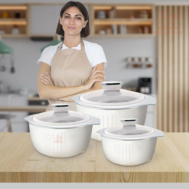 Jaypee Prime Time 3 - Piece Insulated Casserole Set | Premium Stainless Steel Inner | Glass Lid | Elegant White Finish|Made in India - Souk Al Ras