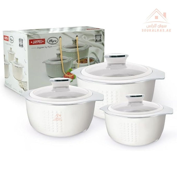 Jaypee Prime Time 3 - Piece Insulated Casserole Set | Premium Stainless Steel Inner | Glass Lid | Elegant White Finish|Made in India - Souk Al Ras