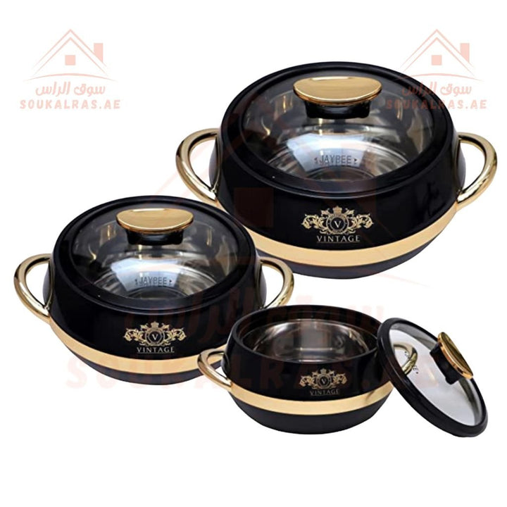 JAYPEE Vintage Thermal Insulated Casserole Hot Pot Food Warmer Set of 3 (1L, 1.5L, 2L) In Black - Souk Al RasServeware