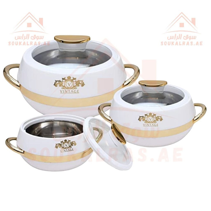 JAYPEE Vintage Thermal Insulated Casserole Hot Pot Food Warmer Set of 3 (1L, 1.5L, 2L) In White - Souk Al RasServeware