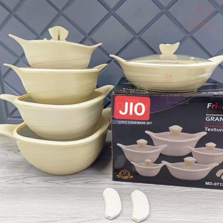 JIO Friendly 12 - Piece Granite Cookware Set | Cream Non - Stick Casseroles with Glass Lids | Even Cooking Performance - Souk Al Ras