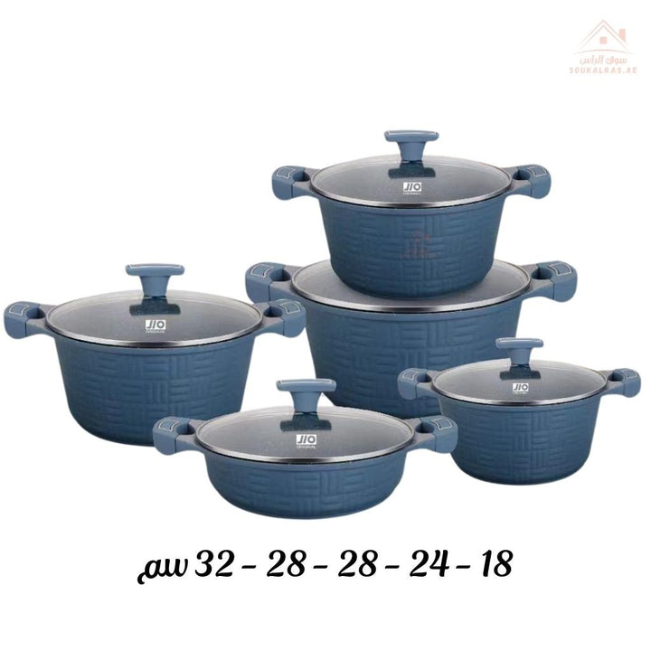 JIO Granite Coating 10 - Piece Cookware Set | Modern blue finish with stylish handles and tempered glass lids | Non - Stick & Durable - Souk Al Ras