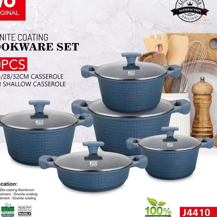JIO Granite Coating 10 - Piece Cookware Set | Modern blue finish with stylish handles and tempered glass lids | Non - Stick & Durable - Souk Al Ras