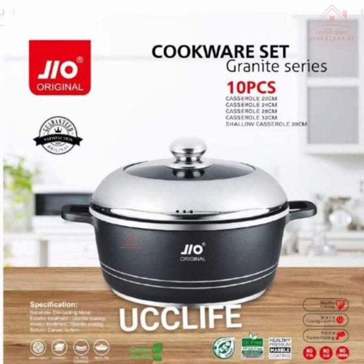 JIO Original 10 - Piece Granite Cookware Set | Premium Non - Stick Pots with Elegant Stainless Steel Lids - Souk Al Ras