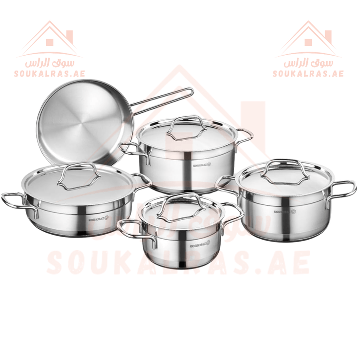 Korkmaz Alfa 18/10 Stainless Steel Cookware Set 9 Pieces| Sizes (5.5L , 3.5L , 3.5 L , 2.7 L , 1.8 L ) | Durable & Elegant Kitchenware - Souk Al Ras