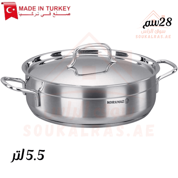 Korkmaz Alfa Low Casserole 5.5L | 28x9cm | 18/10 Stainless Steel | Made in Turkey - Souk Al Ras