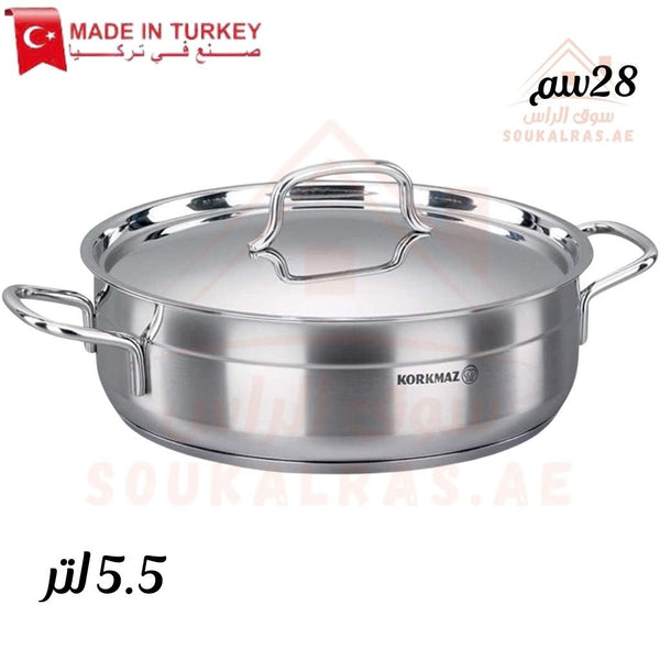 Korkmaz Alfa Low Casserole 5.5L | 28x9cm | 18/10 Stainless Steel | Made in Turkey - Souk Al Ras