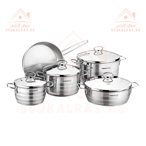 Korkmaz Astra 9Pcs Stainless Steel 18/10 Cookware Set with Induction & Solar Base - Souk Al RasCookware Sets