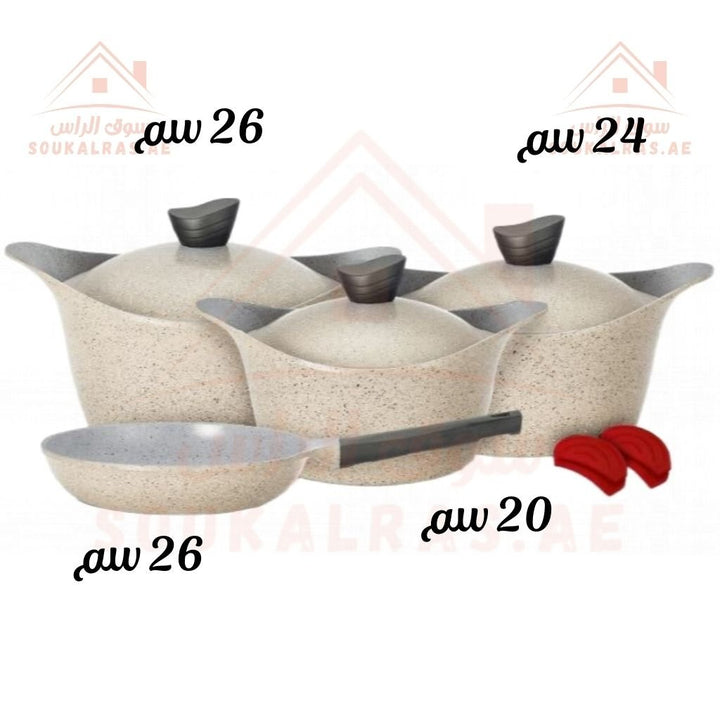 Lahoya Beige Marble 9 - Piece Cooking Set | 26cm, 24cm, 20cm Casseroles & 26cm Fry Pan | Non - Stick & Durable - Souk Al Ras