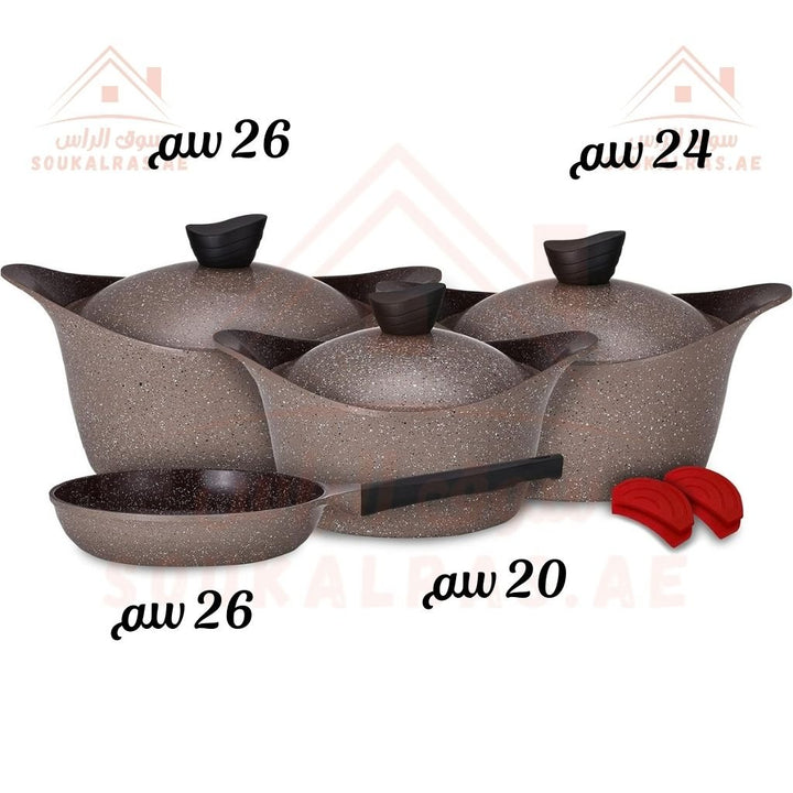 Lahoya Chocolate Marble 9 - Piece Cooking Set | Non - Stick Granite Coating | 26cm, 24cm, 20cm Casseroles & 26cm Fry Pan - Souk Al Ras