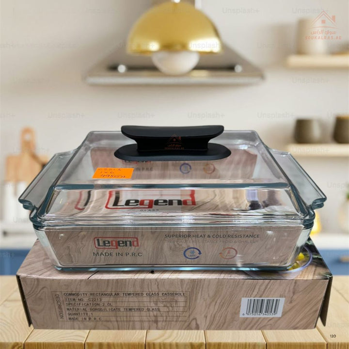 Legend 2L Glass Tray with Lid | Oven Safe | Heat Resistant Glass | Ideal for Baking, Roasting, and Serving - Souk Al Ras