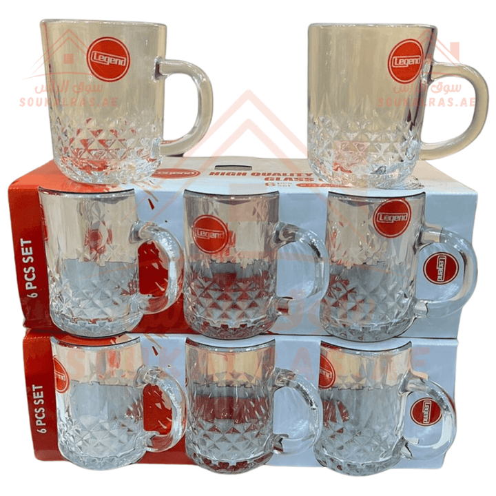 Legend 6 - Piece Glass Cup Set with Handle | Elegant Patterned High - Quality Glassware - Souk Al Ras