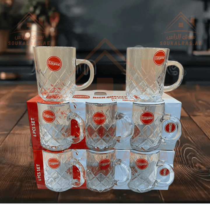 Legend 6 - Piece Glass Cup Set with Handle | Elegant Patterned High - Quality Glassware - Souk Al Ras