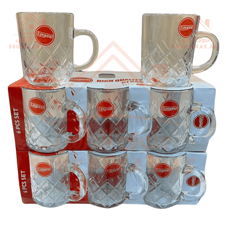 Legend 6 - Piece Glass Cup Set with Handle | Elegant Patterned High - Quality Glassware - Souk Al Ras