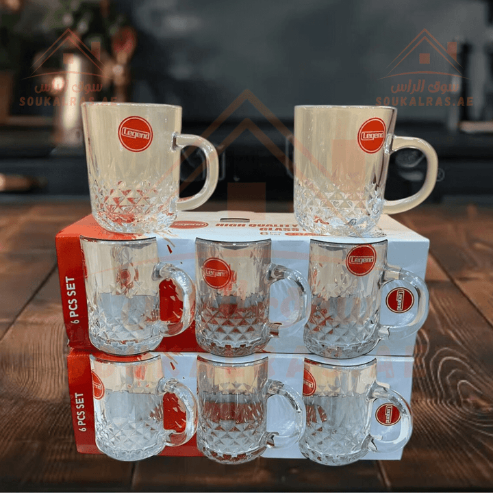 Legend 6 - Piece Glass Cup Set with Handle | Elegant Patterned High - Quality Glassware - Souk Al Ras