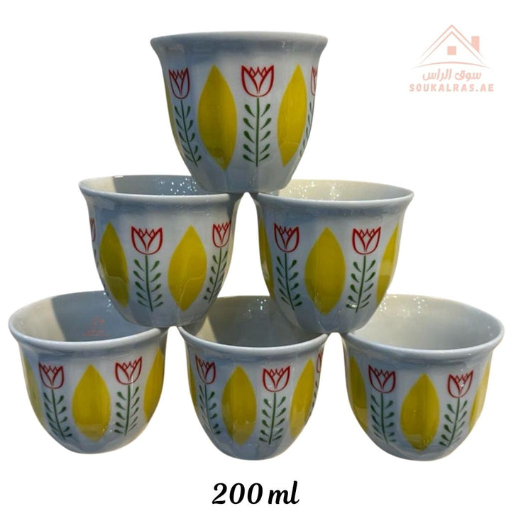 Legend Arabic Coffee Cup Set | 6 Pieces 200ml | Elegant Floral Design | Durable & High Quality | Ideal for daily serving or special gatherings. - Souk Al Ras