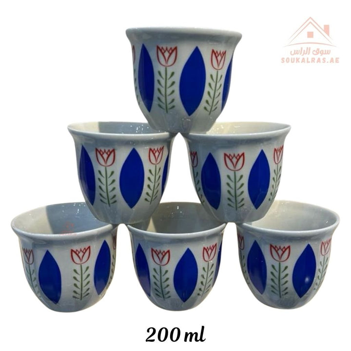 Legend Arabic Coffee Cup Set | 6 Pieces 200ml | Elegant Floral Design | Durable & High Quality | Ideal for daily serving or special gatherings. - Souk Al Ras
