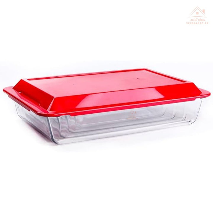 Legend Rectangular Glass Bakeware Set | 4 PCS Oven - Safe Dishes with Red Lids |Sizes ( 5.4L, 3.5L, 2.3L, 1.4L)| Heat & Cold Resistant - Souk Al Ras