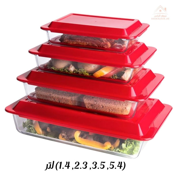 Legend Rectangular Glass Bakeware Set | 4 PCS Oven - Safe Dishes with Red Lids |Sizes ( 5.4L, 3.5L, 2.3L, 1.4L)| Heat & Cold Resistant - Souk Al Ras