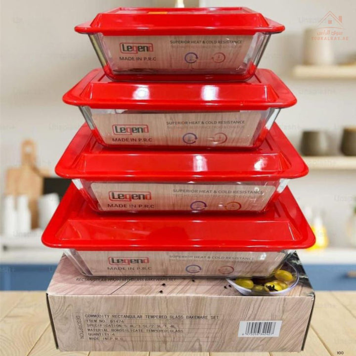 Legend Rectangular Glass Bakeware Set | 4 PCS Oven - Safe Dishes with Red Lids |Sizes ( 5.4L, 3.5L, 2.3L, 1.4L)| Heat & Cold Resistant - Souk Al Ras