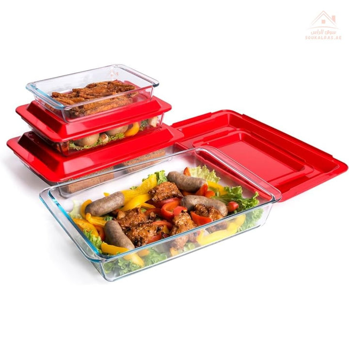 Legend Rectangular Glass Bakeware Set | 4 PCS Oven - Safe Dishes with Red Lids |Sizes ( 5.4L, 3.5L, 2.3L, 1.4L)| Heat & Cold Resistant - Souk Al Ras