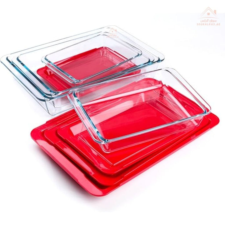 Legend Rectangular Glass Bakeware Set | 4 PCS Oven - Safe Dishes with Red Lids |Sizes ( 5.4L, 3.5L, 2.3L, 1.4L)| Heat & Cold Resistant - Souk Al Ras
