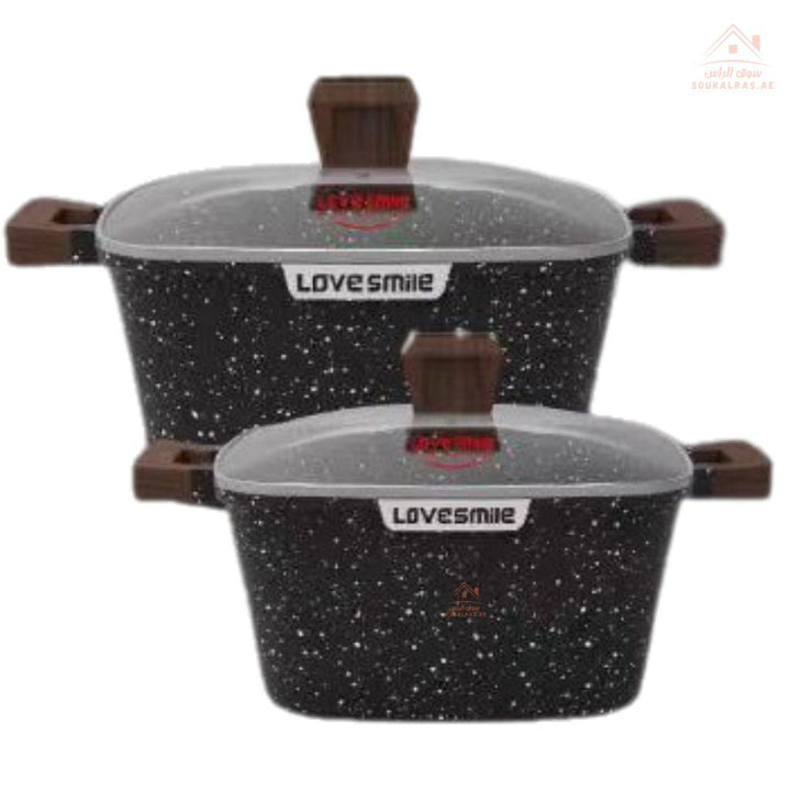 LOVE SMILE 10 - piece non - stick granite cookware set — Premium black marble design, Wooden handles, Tempered glass lids, and Eco - friendly PFOA - free coating - Souk Al Ras