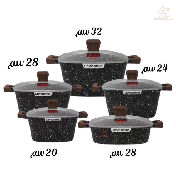 LOVE SMILE 10 - piece non - stick granite cookware set — Premium black marble design, Wooden handles, Tempered glass lids, and Eco - friendly PFOA - free coating - Souk Al Ras