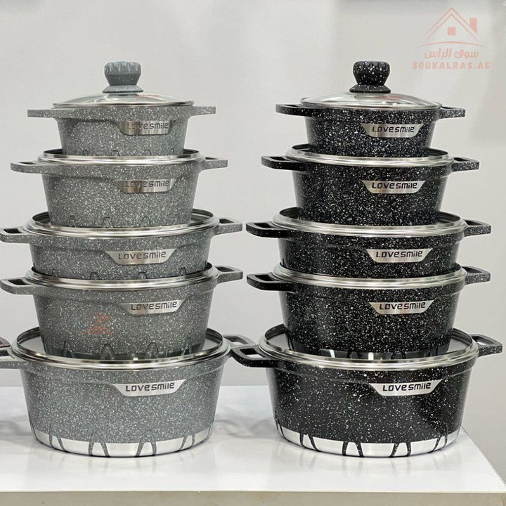 Love Smile Granite Casserole Cookware Set | Non - Stick Pots with Glass Lid | 10 - Piece Set |Suitable for All Cooktops - Souk Al Ras