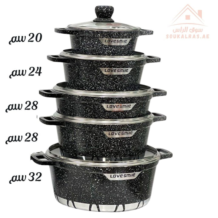 Love Smile Granite Casserole Cookware Set | Non - Stick Pots with Glass Lid | 10 - Piece Set |Suitable for All Cooktops - Souk Al Ras