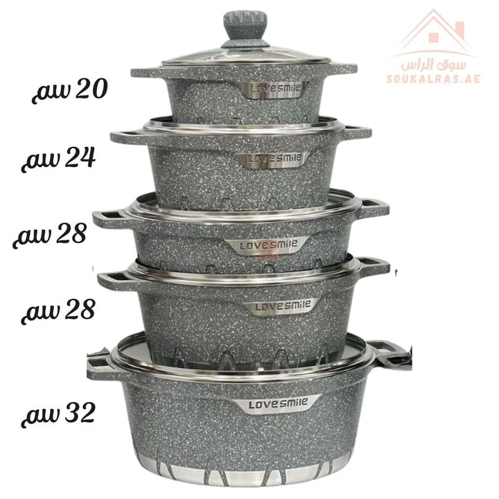 Love Smile Granite Casserole Cookware Set | Non - Stick Pots with Glass Lid | 10 - Piece Set |Suitable for All Cooktops - Souk Al Ras