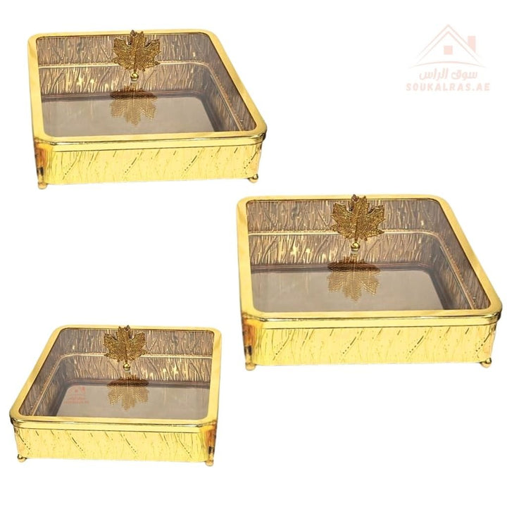 Luxury 3 - Piece Golden Serving Dish Set with Glass Lid | 15cm, 20cm, 25cm | Decorative Storage Containers for Desserts, Snacks, Dry Fruits - Souk Al Ras