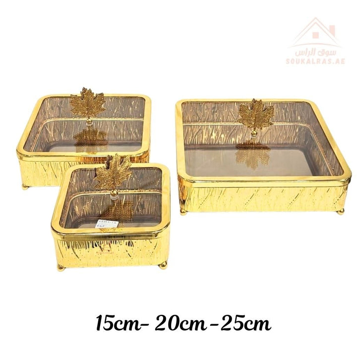 Luxury 3 - Piece Golden Serving Dish Set with Glass Lid | 15cm, 20cm, 25cm | Decorative Storage Containers for Desserts, Snacks, Dry Fruits - Souk Al Ras