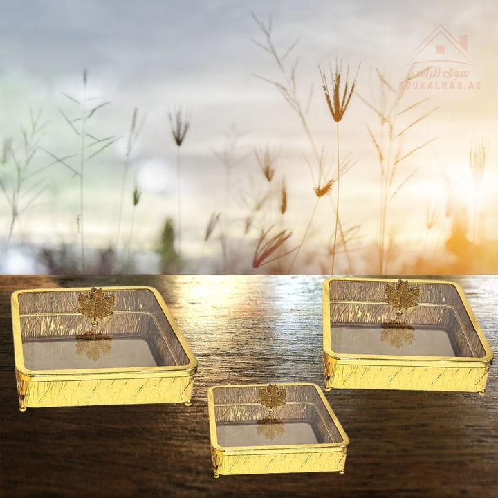 Luxury 3 - Piece Golden Serving Dish Set with Glass Lid | 15cm, 20cm, 25cm | Decorative Storage Containers for Desserts, Snacks, Dry Fruits - Souk Al Ras