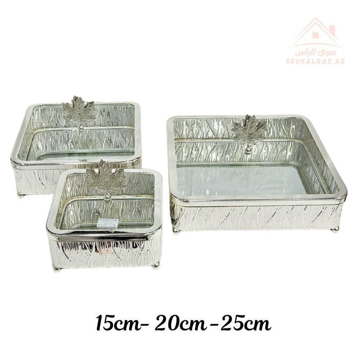 Luxury 3 - Piece Silver Serving Dish Set with Glass Lid | 15cm, 20cm, 25cm | Decorative Storage Containers for Desserts, Snacks, Dry Fruits - Souk Al Ras