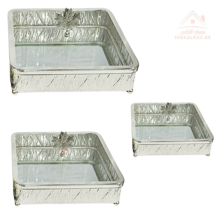 Luxury 3 - Piece Silver Serving Dish Set with Glass Lid | 15cm, 20cm, 25cm | Decorative Storage Containers for Desserts, Snacks, Dry Fruits - Souk Al Ras