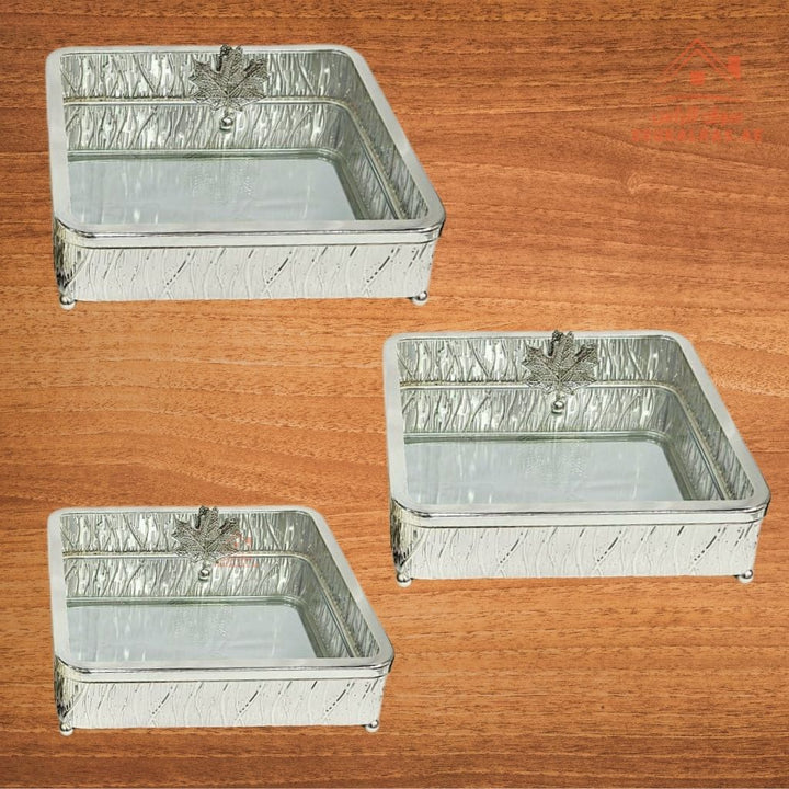 Luxury 3 - Piece Silver Serving Dish Set with Glass Lid | 15cm, 20cm, 25cm | Decorative Storage Containers for Desserts, Snacks, Dry Fruits - Souk Al Ras