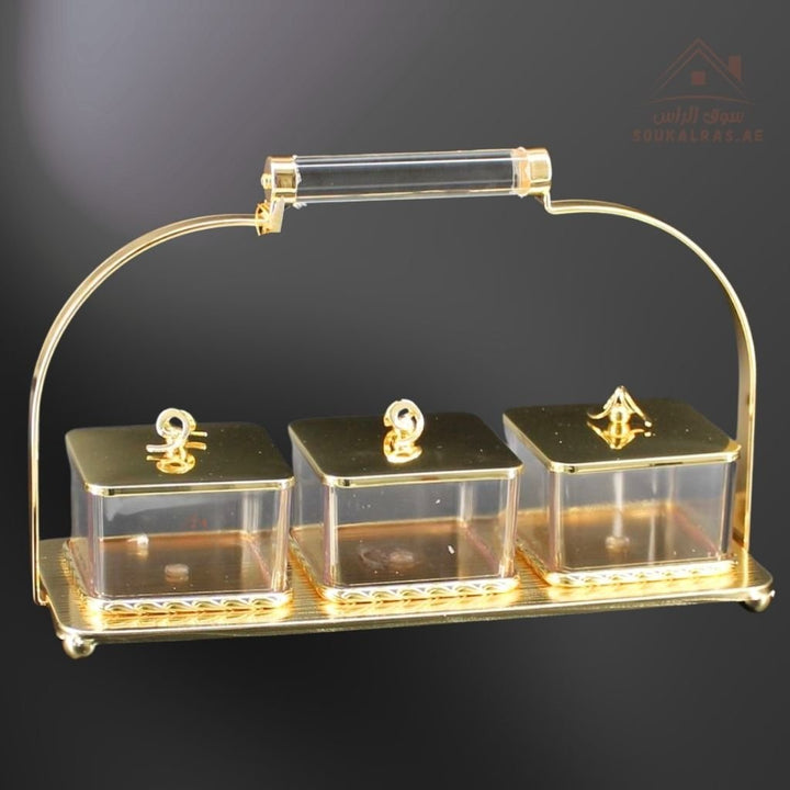 Luxury 3 - Section Serving Box with Handle | Elegant Storage Jars| Ideal for majlis, weddings, Ramadan, and festive gatherings - Souk Al Ras