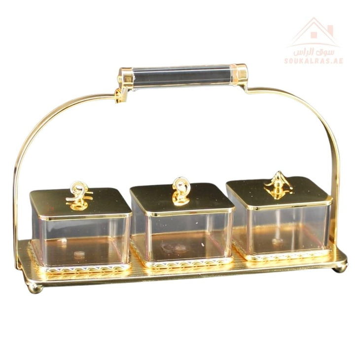 Luxury 3 - Section Serving Box with Handle | Elegant Storage Jars| Ideal for majlis, weddings, Ramadan, and festive gatherings - Souk Al Ras