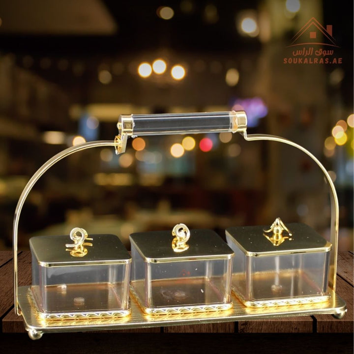 Luxury 3 - Section Serving Box with Handle | Elegant Storage Jars| Ideal for majlis, weddings, Ramadan, and festive gatherings - Souk Al Ras