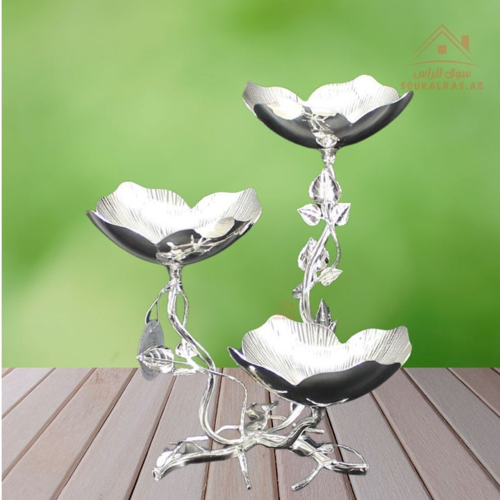 Luxury 3 - Tier FlowerDesign Serving Stand | Elegant Gold & Silver Serving Tray | Perfect forServing sweets, fruits, dates, desserts, chocolates, and more - Souk Al Ras