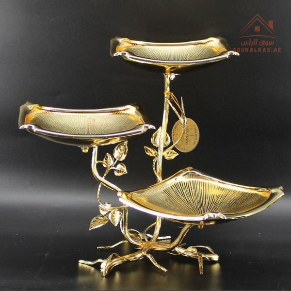Luxury 3 - Tier Large Leaf Design Serving Stand | Elegant Gold & Silver Serving Tray | Perfect forServing sweets, fruits, dates, desserts, chocolates, and more - Souk Al Ras