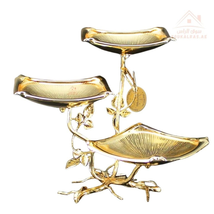 Luxury 3 - Tier Large Leaf Design Serving Stand | Elegant Gold & Silver Serving Tray | Perfect forServing sweets, fruits, dates, desserts, chocolates, and more - Souk Al Ras