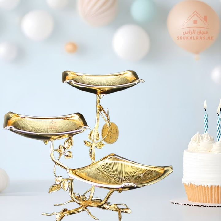 Luxury 3 - Tier Large Leaf Design Serving Stand | Elegant Gold & Silver Serving Tray | Perfect forServing sweets, fruits, dates, desserts, chocolates, and more - Souk Al Ras