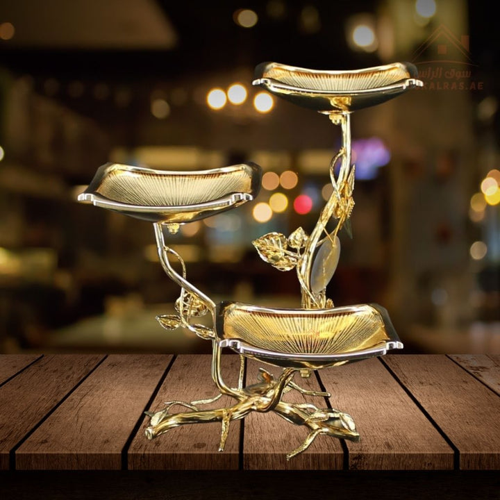 Luxury 3 - Tier Large Leaf Design Serving Stand | Elegant Gold & Silver Serving Tray | Perfect forServing sweets, fruits, dates, desserts, chocolates, and more - Souk Al Ras