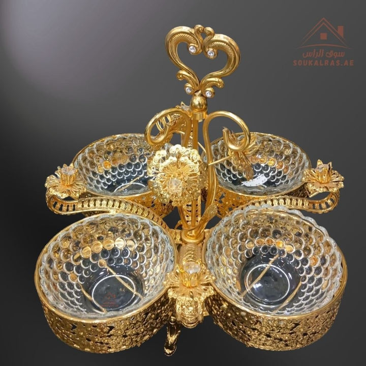 Luxury 4 - Bowl Serving Dish with Crystal Knob | Elegant Design Luxurious gold or silver finish for a royal touch | Ideal for Nuts & Desserts - Souk Al Ras