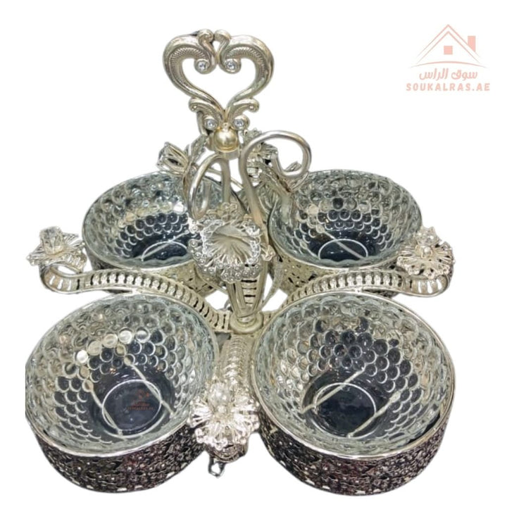Luxury 4 - Bowl Serving Dish with Crystal Knob | Elegant Design Luxurious gold or silver finish for a royal touch | Ideal for Nuts & Desserts - Souk Al Ras